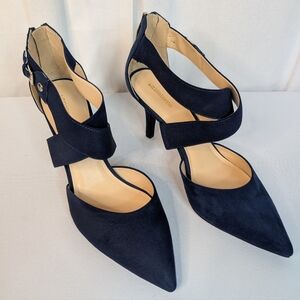 Liz Claiborne Keegan Dark Blue Suede Crossover Strap Stiletto Heels EUC